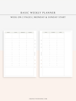 W120 | Basic Weekly Schedule Planner, Week on Two Pages