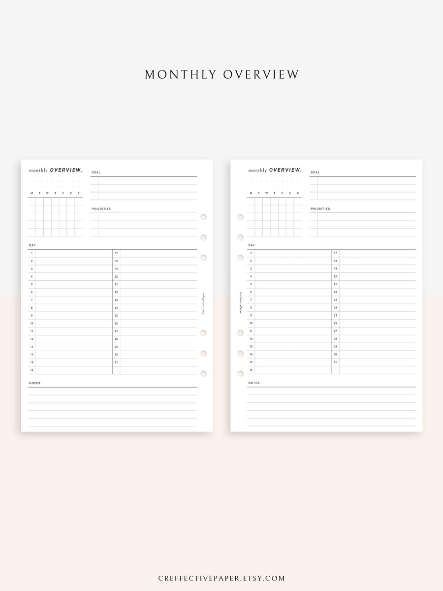 M108 | Monthly Overview, Month on a Page Printable Planner Inserts ...