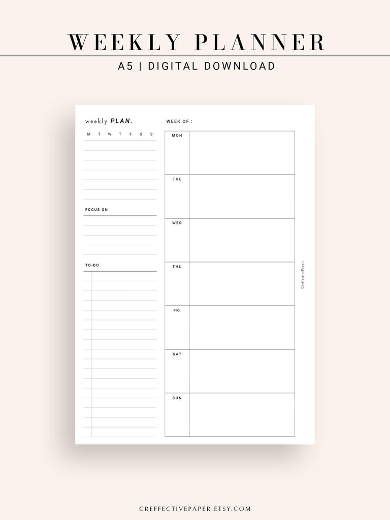 W108 | Week on a Page, Weekly Planner Printable Inserts Template ...