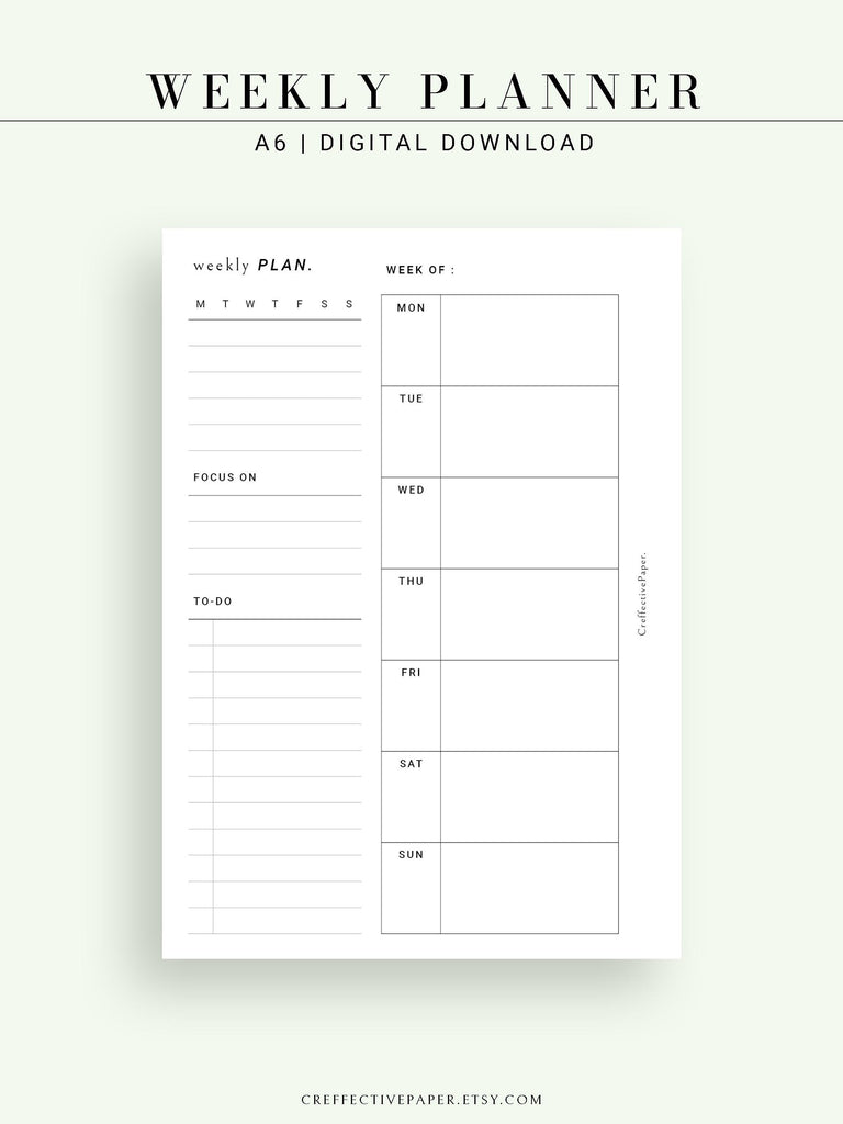 W108 | Week on a Page, Weekly Planner Printable Inserts Template ...