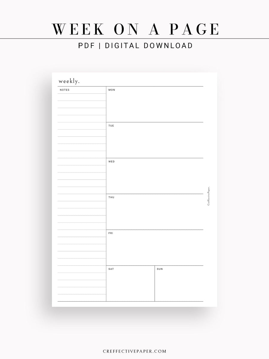 W107 | Week on a Page, Weekly Planner Printable Inserts, Monday Start ...