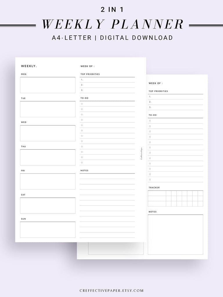 W101 | Week on a Page, Weekly Planner Printable Inserts Template ...