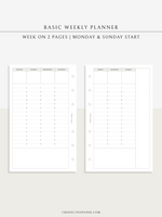 W120 | Basic Weekly Schedule Planner, Week on Two Pages