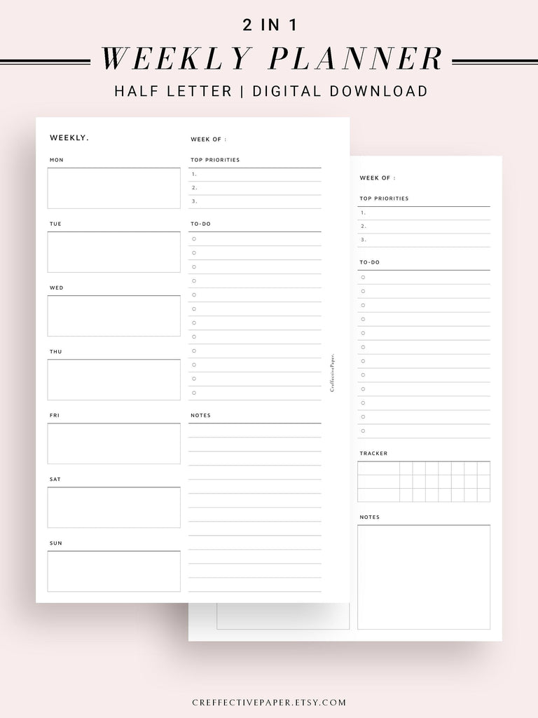 W101 | Week on a Page, Weekly Planner Printable Inserts Template ...