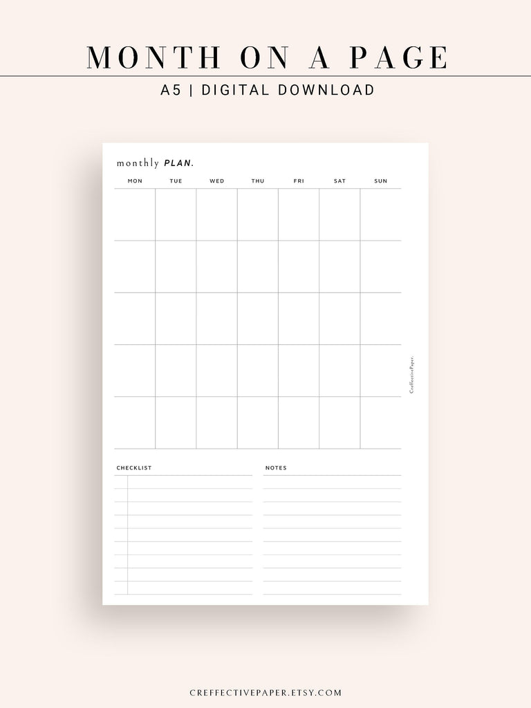 M112 | Month on a Page, Monthly Planner Printable Inserts ...